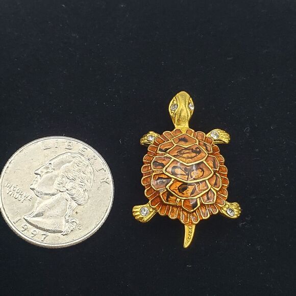 Small Turtle Brooch Tortoise Brown Enamel Gold Rhinestone Pin Premier Designs - Picture 5 of 5